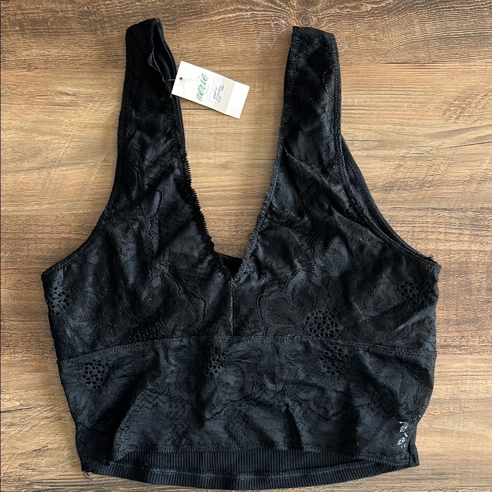 Aerie Black Wireless Comfy Longline Bralette Lace & Ribbed